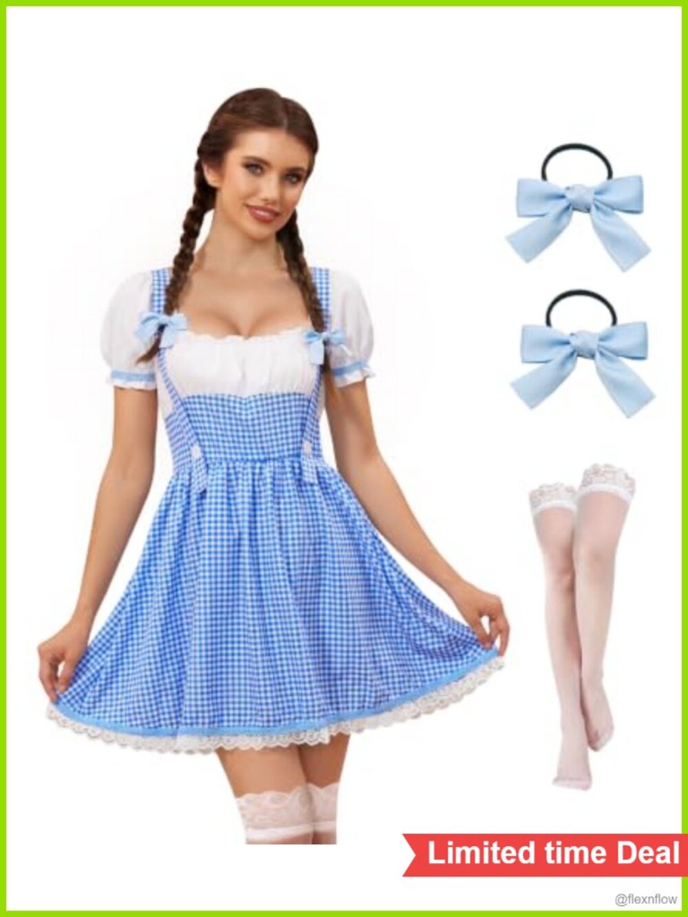 Women's Halloween Gingham A-Line Costume Dress with Hair Ties & Stockings